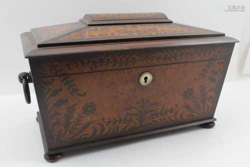 AN EARLY 19TH CENTURY SARCOPHAGUS FORM MARQUETRY ROSEWOOD & BURR MAPLE TEA CADDY, the hinged cover