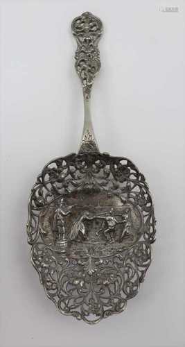 A DUTCH CAST SILVER DISPLAY SPOON, stylised floral decoration with a scene of peasants dancing to