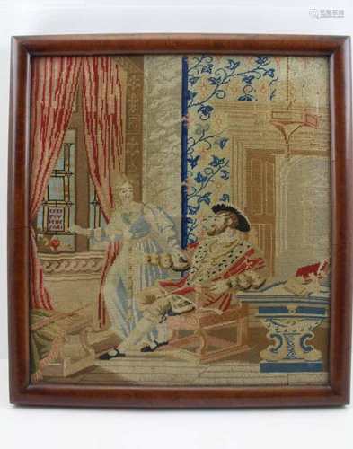 A 19TH CENTURY WOOLWORK TAPESTRY PANEL, depicting Elizabethan figures interior scene, 38cm x 34cm,