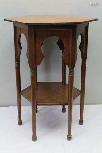 A LATE 19TH CENTURY OAK MOORISH DESIGN OCTAGONAL TOPPED TABLE, probable retailed through Liberty's