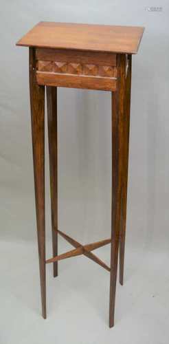 A SCRATCH BUILT OAK TALL JARDINIERE STAND, having plain rectangular top, with decorative frieze,