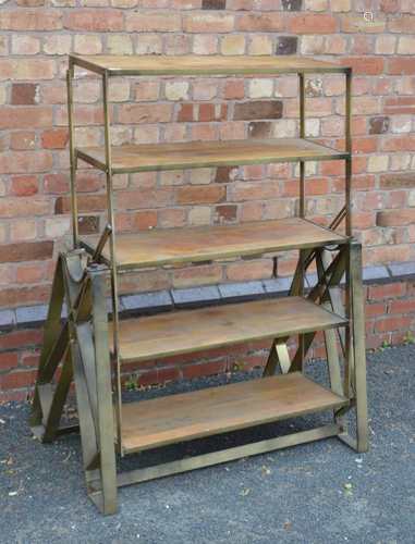 A SET OF INDUSTRIAL CHIC METAL FRAMED ADJUSTABLE SHELVES, with wooden inserts, the whole being