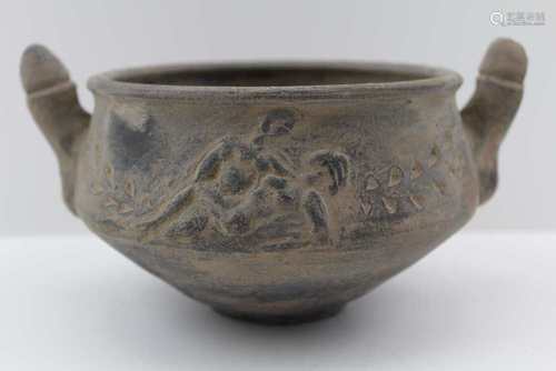 A THRACIAN EROTIC POTTERY BOWL, probably ancient 4th century B.C. cast with erect penis handles