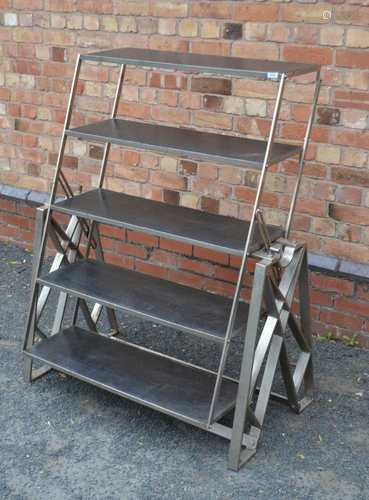 A SET OF INDUSTRIAL CHIC METAL FRAMED ADJUSTABLE SHELVES, with wooden inserts, the whole being