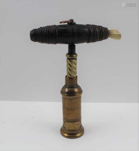 A 19TH CENTURY THOMASON TYPE BRASS BARREL CORKSCREW with turned wood handle and brush