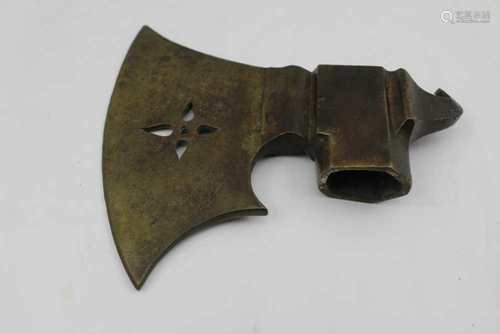 A 19TH CENTURY INDIAN BRONZE AXE HEAD, the crescent blade with pierced decoration, the squared