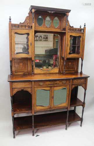 A LATE 19TH CENTURY ROSEWOOD DISPLAY CABINET, the upstand having insert mirror panels, and two