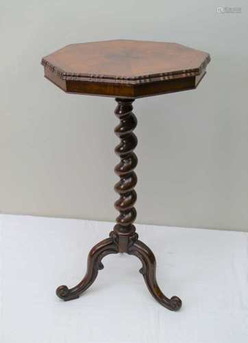 A 19TH CENTURY WALNUT FINISHED HEXAGONAL TOPPED WINE TABLE on barley twist column, and three