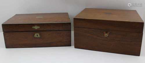 A LATE 19TH CENTURY MAHOGANY WRITING SLOPE, 26cm wide and a late 19th century rosewood box, 28.5cm