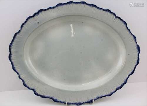 A 19TH CENTURY OVAL PEARLWARE MEAT DISH, with cobalt blue rim, impressed 