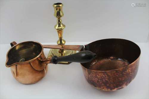 A GEORGE III BRASS CANDLESTICK, 18cm high, a 19th century copper saucepan, with turned wood side