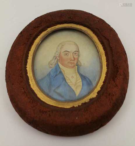 A 19TH CENTURY MINIATURE PORTRAIT PAINTING, gentleman in a blue coat, his cravat pinned with a heart