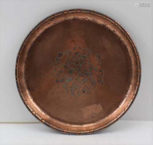 AN ARTS & CRAFTS COPPER SALVER TRAY, having raised gallery and chased stylised floral decoration,