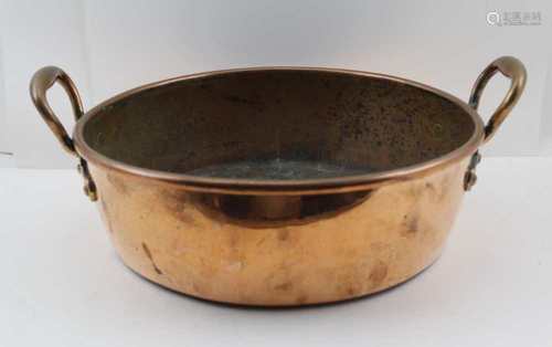 A 19TH CENTURY COPPER TWO-HANDLED JAM PAN, one of the handles stamped 