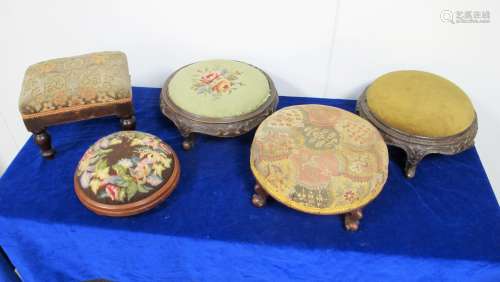 Four 19th century foot stool, three circular and one rectangle, sold with one later example (5)