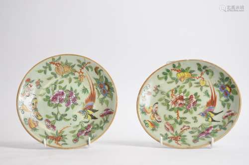 A pair of late 19th or early 20th Century Chinese Canton enamel plates, on a celadon ground, with