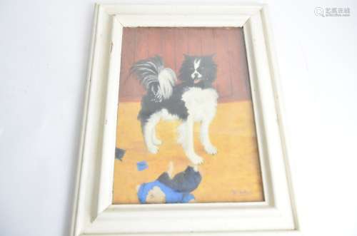 A oil painting of a dog, with self satisfied expression, after tearing apart a doll, signed R.F