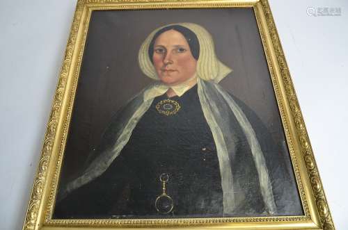 A Victorian oil on canvas of a lady in mourning, framed but unglazed, internal dimensions, 59cm x