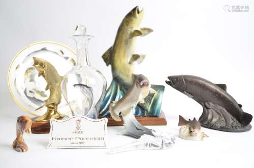 A group of angling and river fish related collectables, to include a glass decanter with enamel work