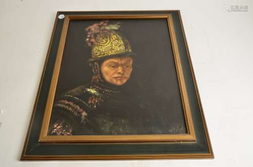 Oil on Canvas The Man With The Golden Helmet, a framed 1960s oil on canvas depicting an 18th century