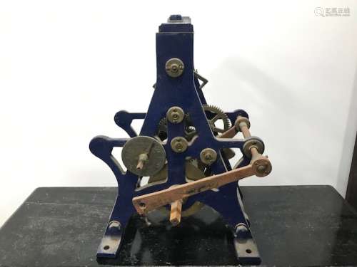 A late Victorian or Edwardian tower clock movement, in blue painted cast iron A frame, lacks most