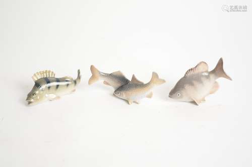 Three small porcelain studies of fish by Royal Copenhagen and Bing & Grondahl, a conjoined pair