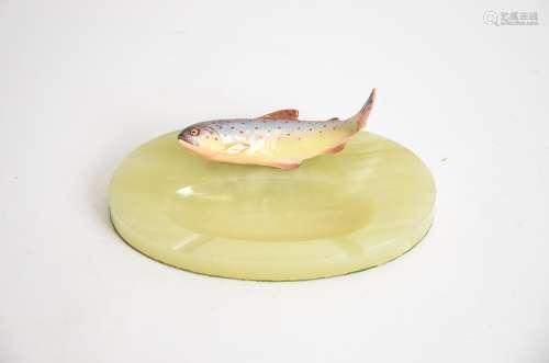 Mid 20th Century desk stand surmounted with a porcelain fish, possibly a contorting trout, on an