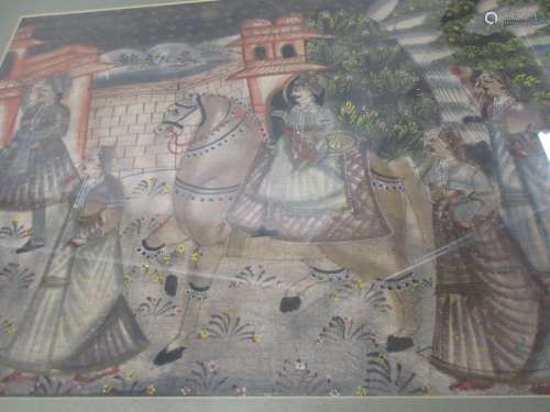 An Indian Mughal style gouache on fabric, with a hand painted procession, including a gentleman on