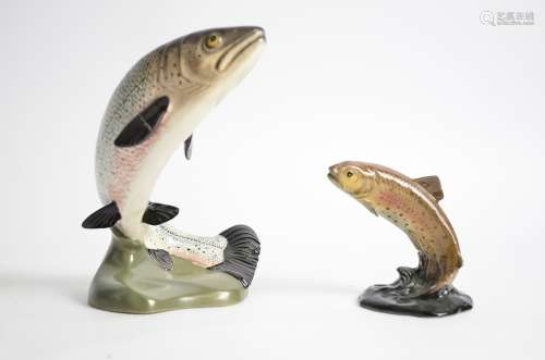 A Beswick Pottery figure of a trout, on a shaped oval green base, impressed no. 2066, height 20cm,