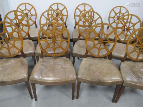 Set of Regency style mahogany and satinwood dining side chairs, mahogany frames with openwork spider