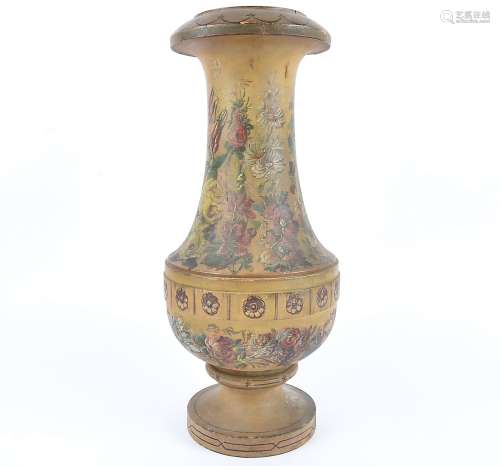A 19th Century wooden turned vase, in the classical taste, with painted festoons of foxgloves,