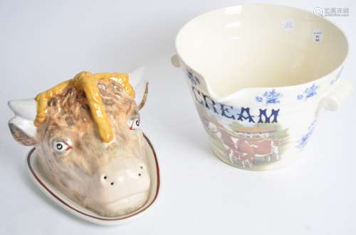 A 20th Century bovine cheese dish, 25 cm x 18.5cm x 15cm, together with a contemporary transfer