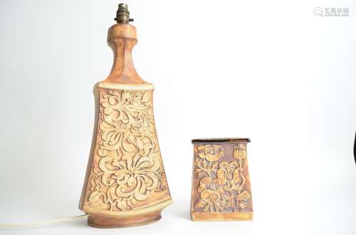 Quantock Pottery Somerset, a table lamp base, height 45cm, together with a vase with glazed interior