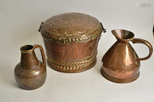 An early 20th Century copper domed coal scuttle with Tudor rose, height 28cm, together with two