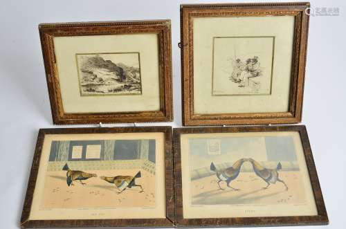A pair of cockfighting prints, one framed the other not, 