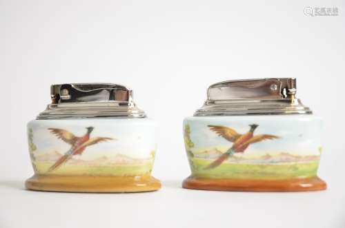 A Minton bone china table cigarette lighter painted with pheasants in flight, signed T.Lee, 7.5cm