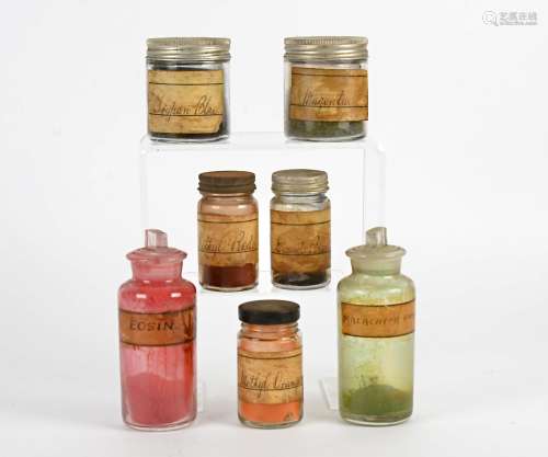 A group of Victorian novelty bottles, with original contents, colourful powders and pigments from