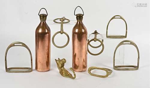 Two sets of stirrups, together with a door hook modelled as a horse, two copper bottles and more (