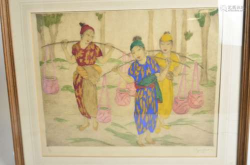 An Asian dry point etching, possibly Vietnamese school, with indistinct artist's signature to
