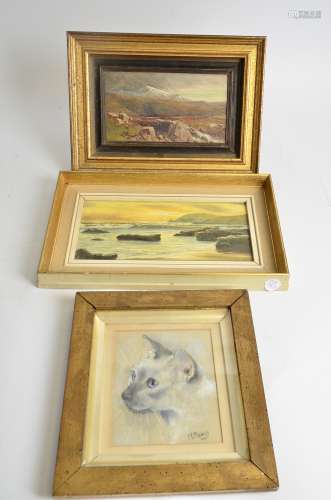 A pastel drawing of a Siamese cat, framed and glazed, 16cm x 13cm, together with two oil on board