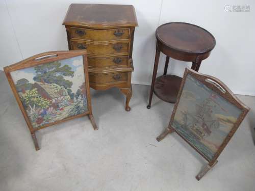 A walnut chest of four drawers, together with a circular mahogany two tier occasional table and