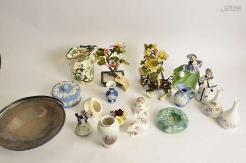 A silver plated basket handled tazza, height 20cm, together with a Masons Ironstone jug and Royal