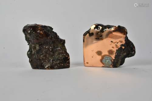 A pair of float copper bookends, from Michigan, USA, with exposed copper and blue-green atacamite,