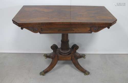 A William IV rosewood card table, swivel crossbanded top, front canted corners, green fitted baize