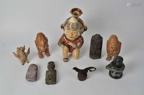 Eight South American and other tribal themed objects, to include a whistle in the form of a mythical