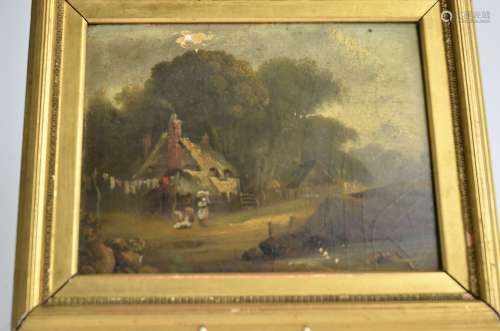 A 19th Century oil on canvas landscape, with cottages in the background, washing lines and female