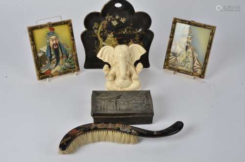 A French papier mache crumb tray and brush in the Chinoiserie style, together with other Asian