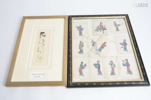 Eleven Chinese rice paper paintings, depicting eleven ladies with various objects, all together