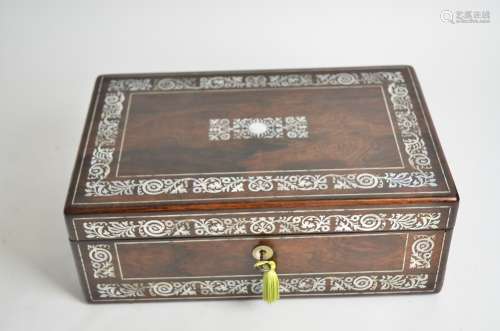 A 19th Century rosewood writing slope with mother of pearl inlay and inset brass handles, the