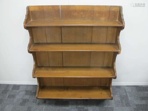 20th century oak hanging wall shelfs, closed back with shaped sides and four fixed shelfs, 82cm x